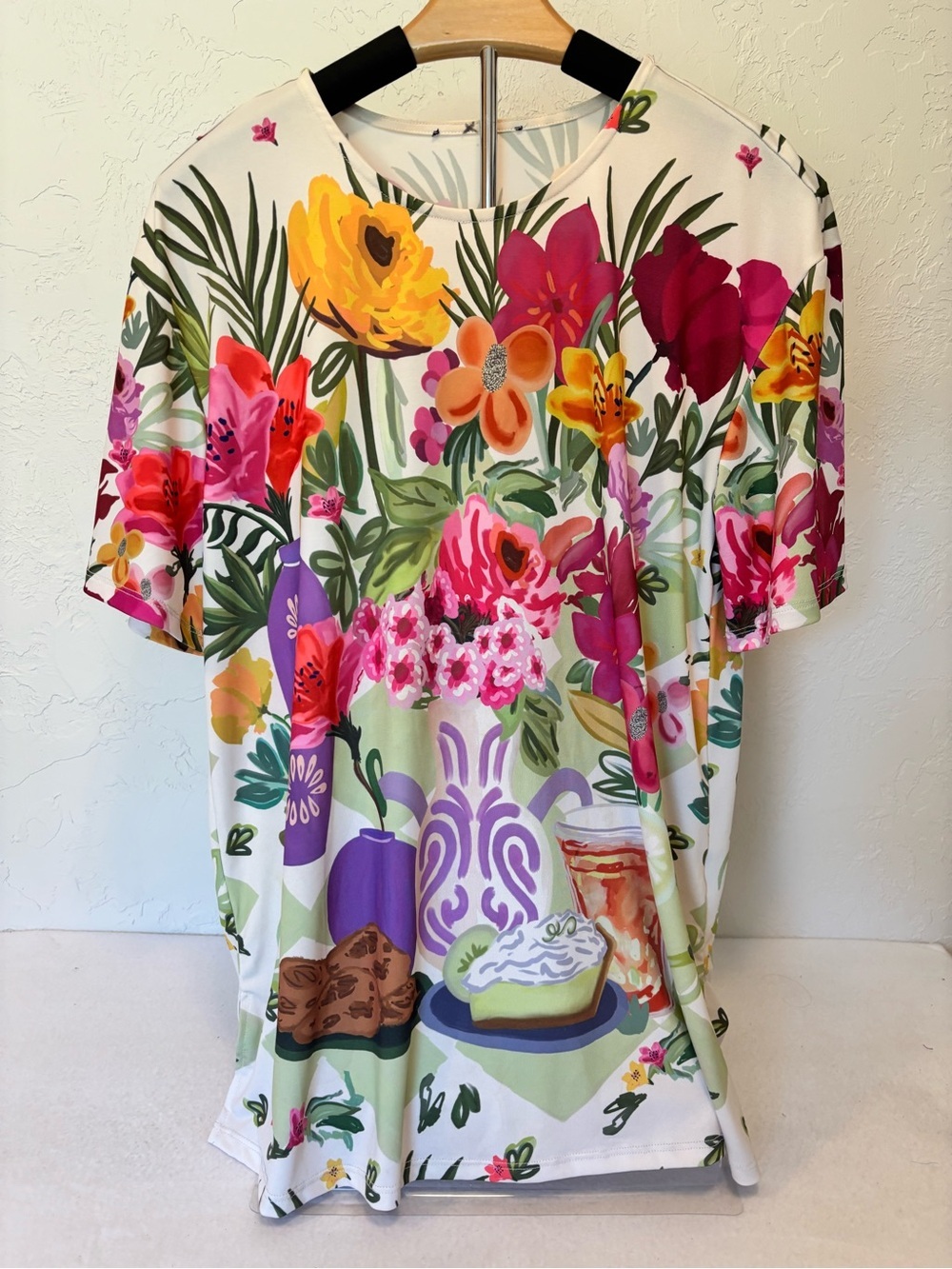Colorful Floral Garden Print Stretch Knit Top Women’s XL